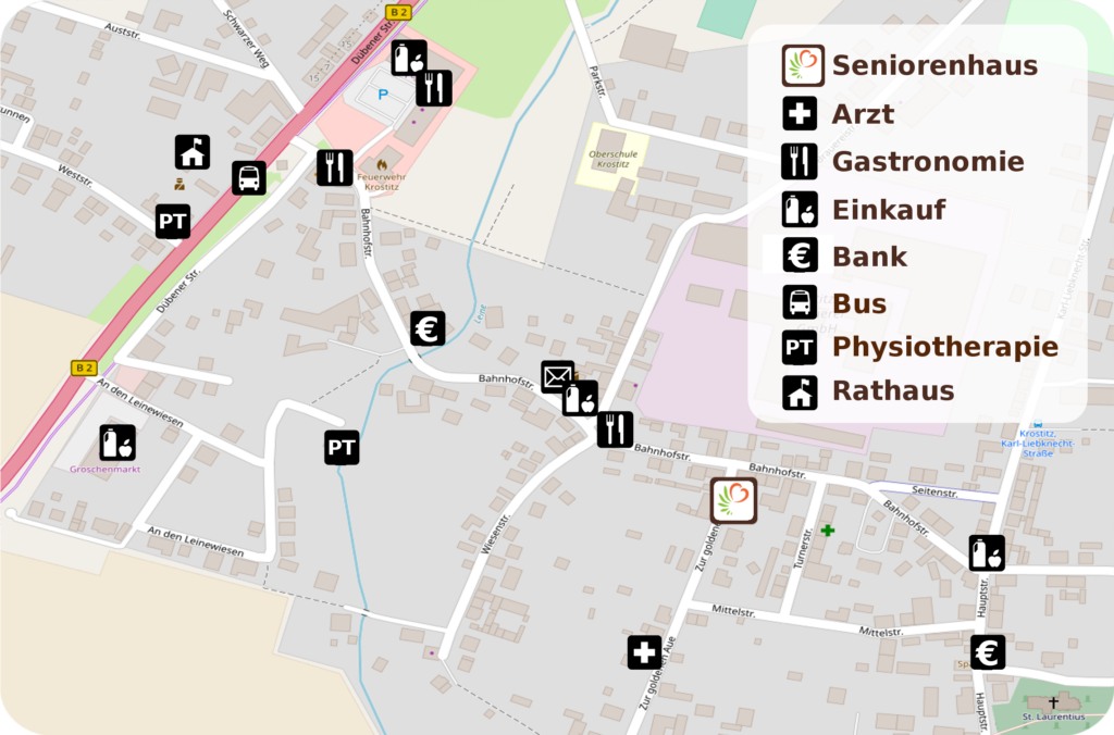 Kartenausschnitt von Krostitz. Nord-Süd-Ausrichtung. Wichtige Anlaufstellen sind mit Icons markiert: Seniorenhaus Krostitz, Arzt, Gastronomie, Einkaufen, Bank, Bus, Physiotherapie, Rathaus. Mit Klick auf das Bild wird der Standort des Seniorenhaus Krostitzt in GOOGLE MAPS geöffnet (neuer Tab).